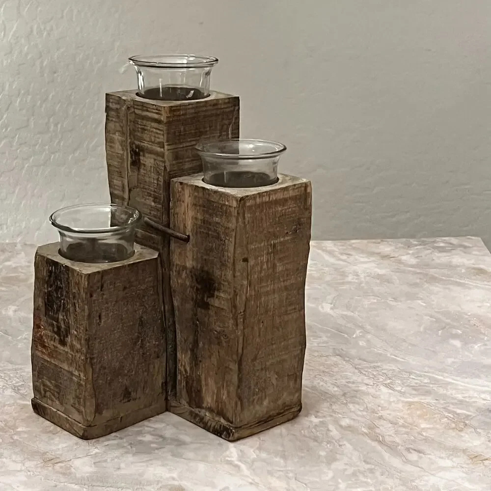 Rustic Square Wood Glass Tealight Holder 10.5